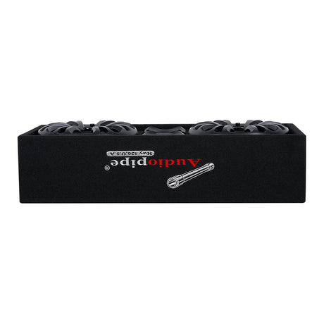 Top-edge view of an Audiopipe speaker enclosure showing its logo and protruding speaker grilles