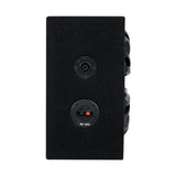 Side of a black-carpeted enclosure with a round socket and red and black DC 12V terminals