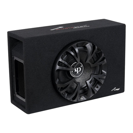 Audiopipe bass enclosure with a guarded woofer and side port, angled view