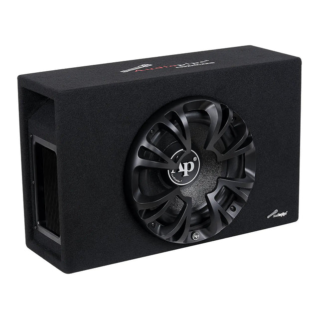 Audiopipe bass enclosure with a guarded woofer and side port, angled view