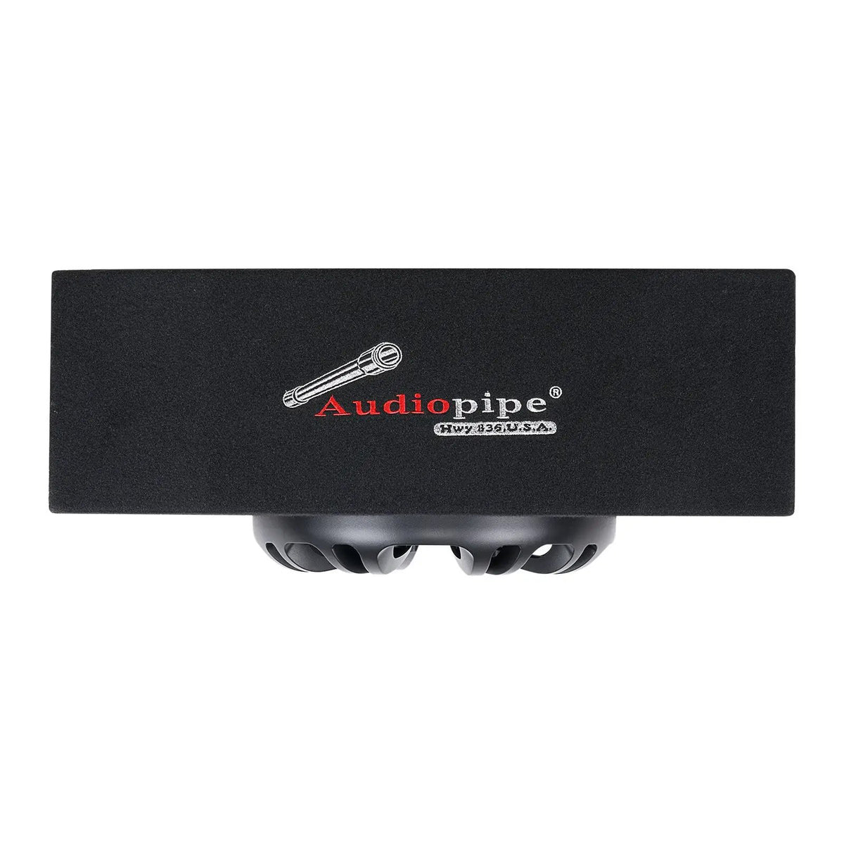 Side of a black-carpeted Audiopipe enclosure with part of the speaker protruding below