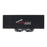Side of a black-carpeted Audiopipe enclosure with part of the speaker protruding below