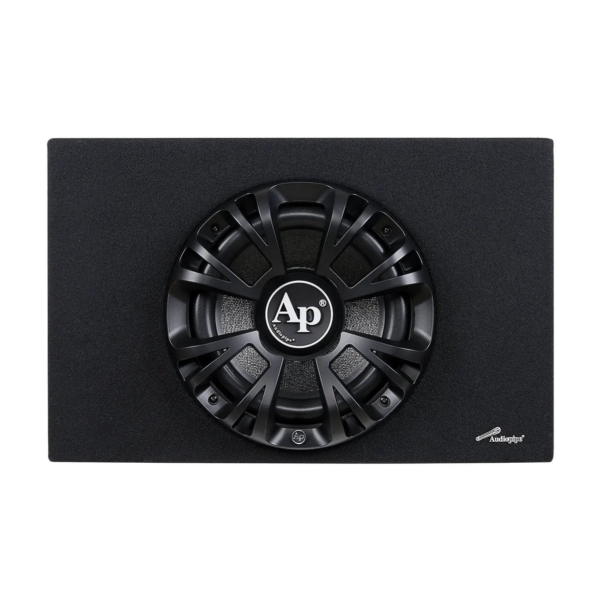Audiopipe bass enclosure with a guarded woofer, front view