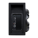 Side view of an Audiopipe bass enclosure showing its amplifier controls, connections and cooling fins