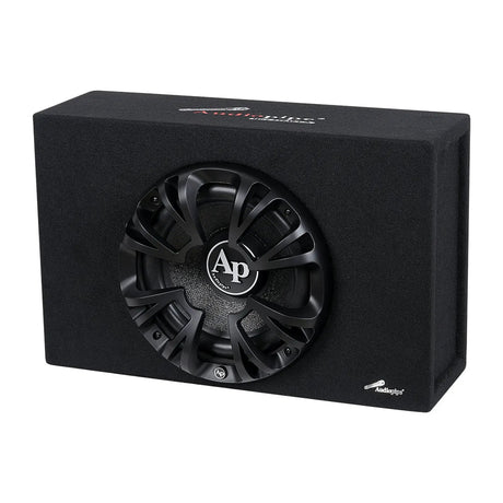 Audiopipe bass enclosure with a guarded woofer, angled view