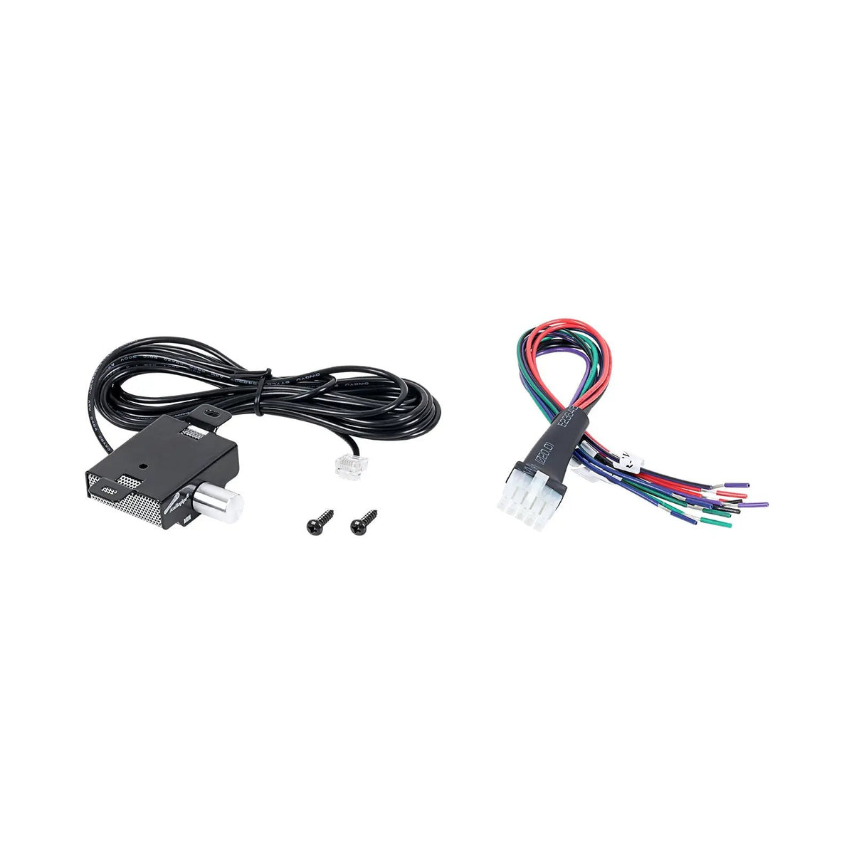 Wired bass-level control, mounting screws and a multicolored wiring harness