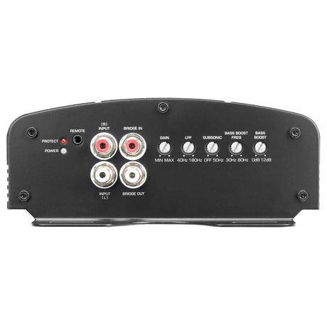 Audiopipe amplifier input and control panel with RCA sockets and adjustment knobs