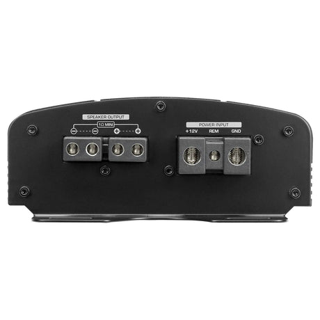 Audiopipe amplifier end panel showing speaker output and power supply terminals