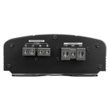 Amplifier end panel with speaker output terminals and positive, remote and ground power connections