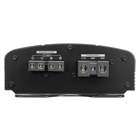 Amplifier end panel with speaker output terminals and positive, remote and ground power connections