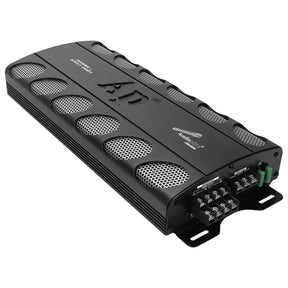 Angled Audiopipe APCLE-2004 amplifier with silver mesh vents, terminal blocks and green fuses