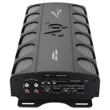 Angled view of an Audiopipe APCLE-2004 amplifier showing its vented cover and input-control panel