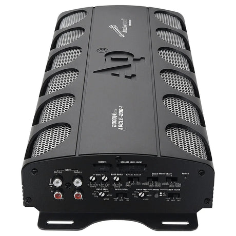 Angled view of an Audiopipe APCLE-2004 amplifier showing its vented cover and input-control panel