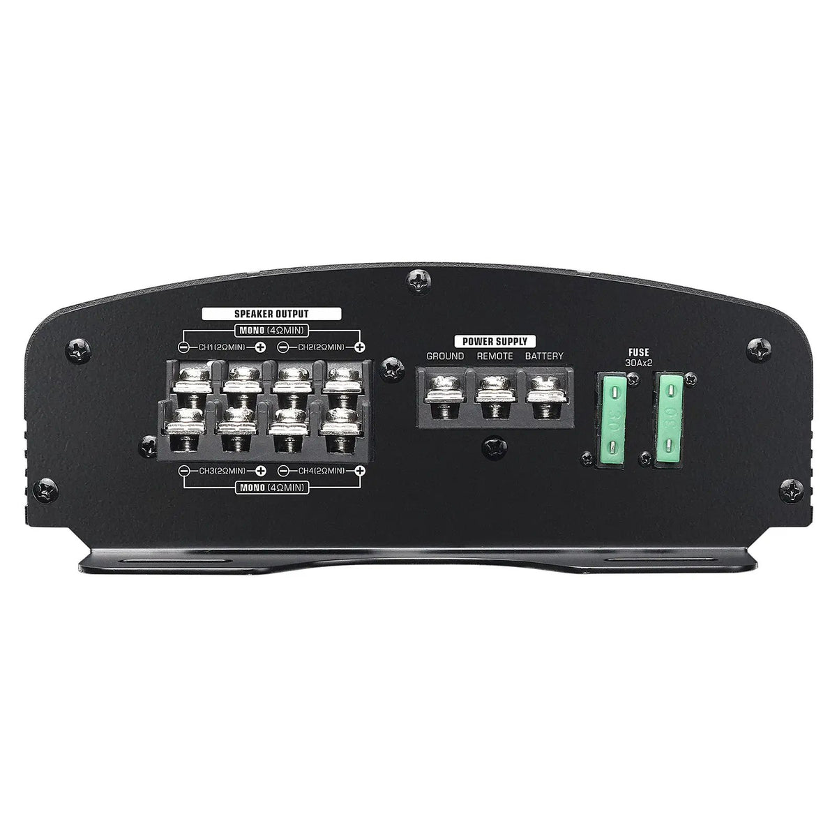 Audiopipe amplifier terminal panel showing speaker outputs, power connections and two fuses