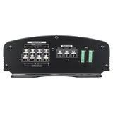 Audiopipe amplifier terminal panel showing speaker outputs, power connections and two fuses