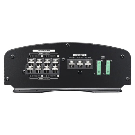 Audiopipe amplifier terminal panel showing speaker outputs, power connections and two fuses