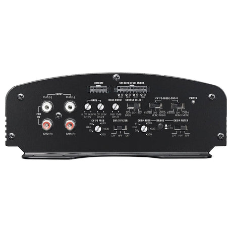 Amplifier input panel with four RCA jacks, remote connection, gain controls and crossover switches