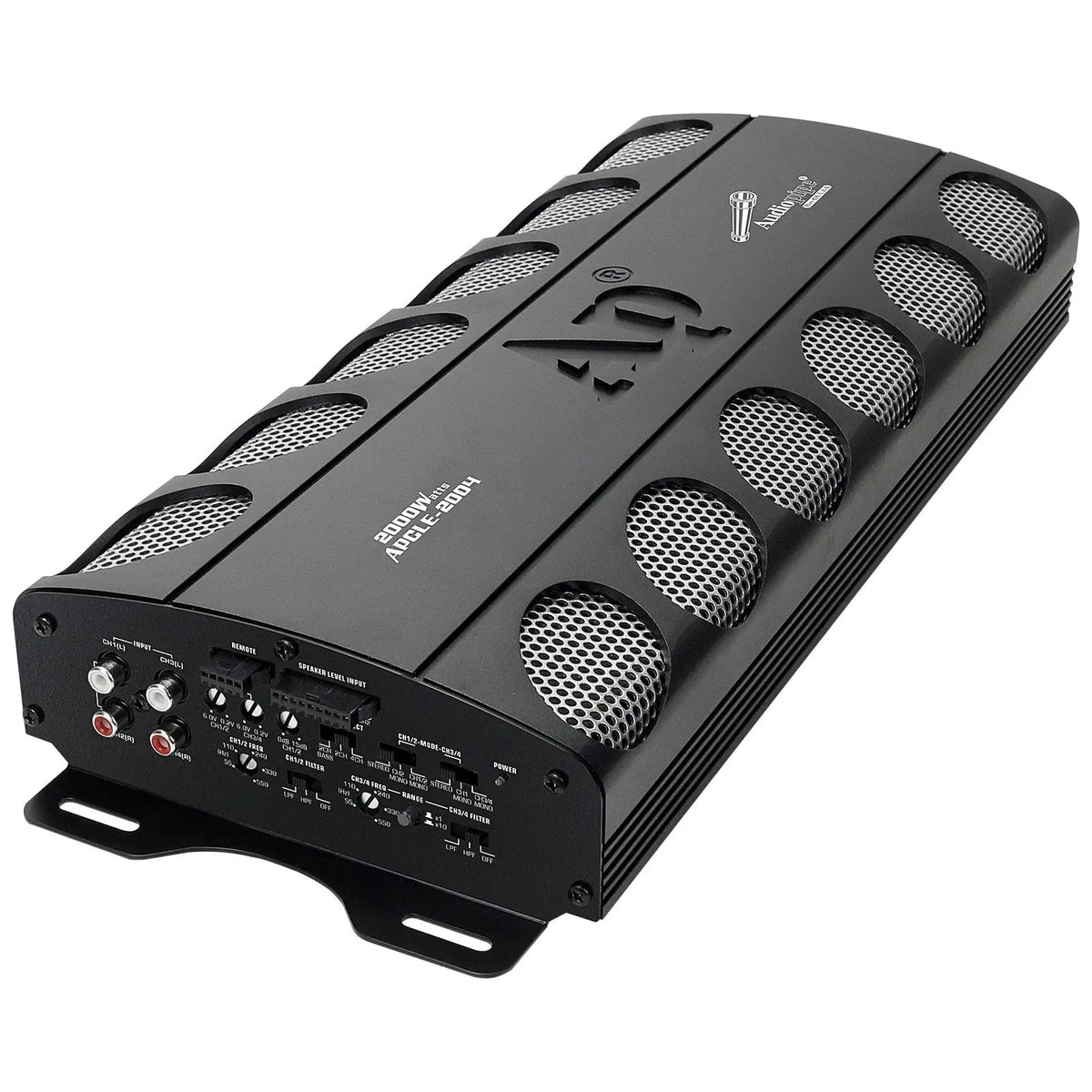 Audiopipe amplifier angled view showing its vented housing, RCA inputs and adjustment controls