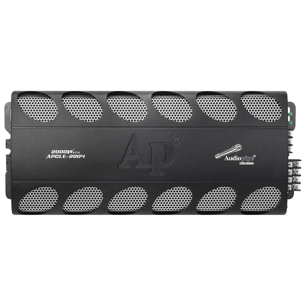 Top view of an Audiopipe APCLE-2004 amplifier with two rows of silver mesh vents