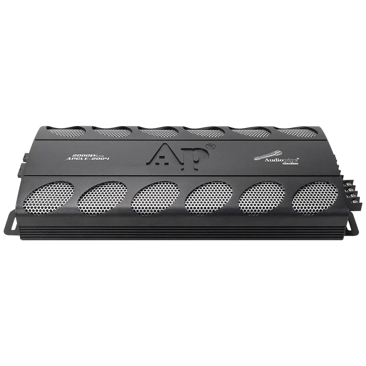 Top view of a black Audiopipe APCLE-2004 amplifier with two rows of silver mesh vents