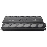Top view of a black Audiopipe APCLE-2004 amplifier with two rows of silver mesh vents