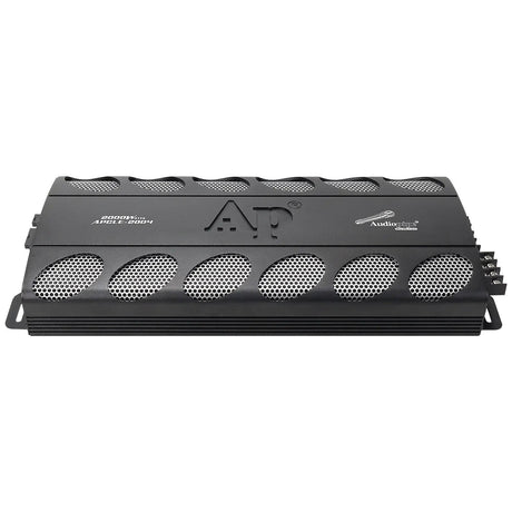 Top view of a black Audiopipe APCLE-2004 amplifier with two rows of silver mesh vents