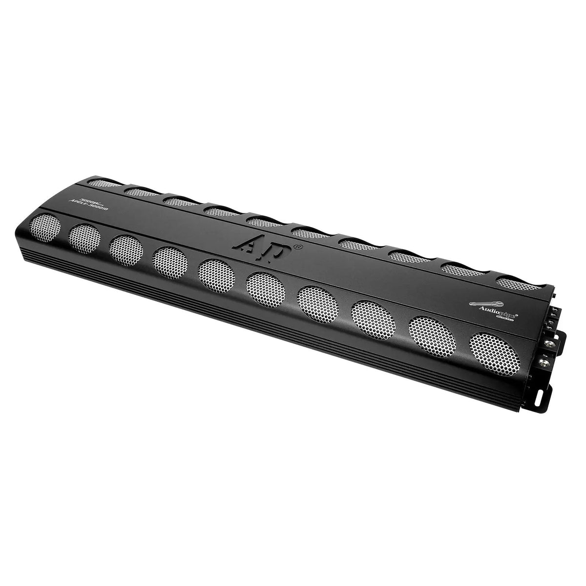 Long black Audiopipe amplifier opposite angle showing silver mesh side vents and power terminals