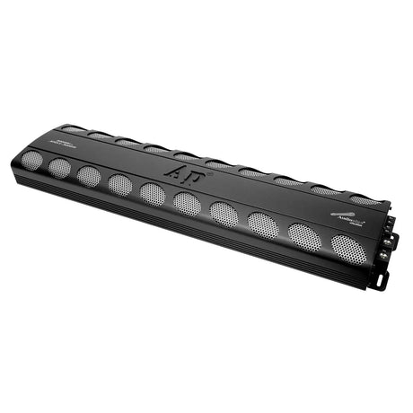 Long black Audiopipe amplifier opposite angle showing silver mesh side vents and power terminals