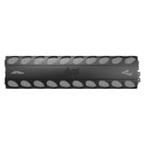 Top of a long black Audiopipe amplifier with two rows of silver mesh vents