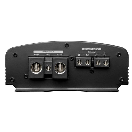 Amplifier end panel showing power-input terminals and speaker outputs