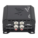Audiopipe APEV-400.4 amplifier showing four RCA inputs and paired gain and crossover controls