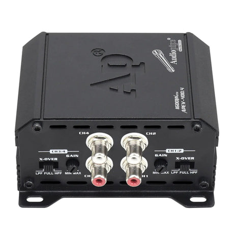 Audiopipe APEV-400.4 amplifier showing four RCA inputs and paired gain and crossover controls