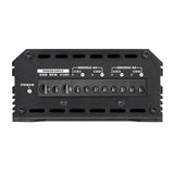 Amplifier end panel with power-input connections and four labeled speaker-output channels