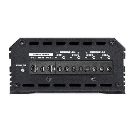 Amplifier end panel with power-input connections and four labeled speaker-output channels