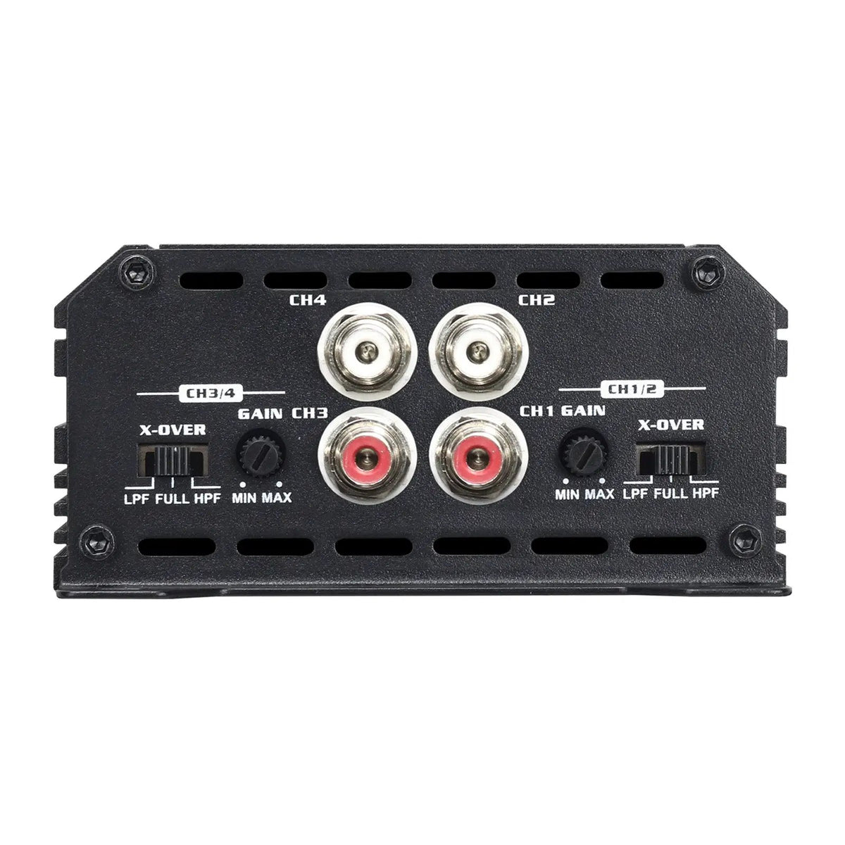 Amplifier input panel with four RCA sockets and separate gain and crossover controls