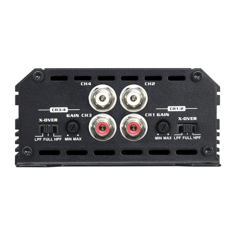 Amplifier input panel with four RCA sockets and separate gain and crossover controls