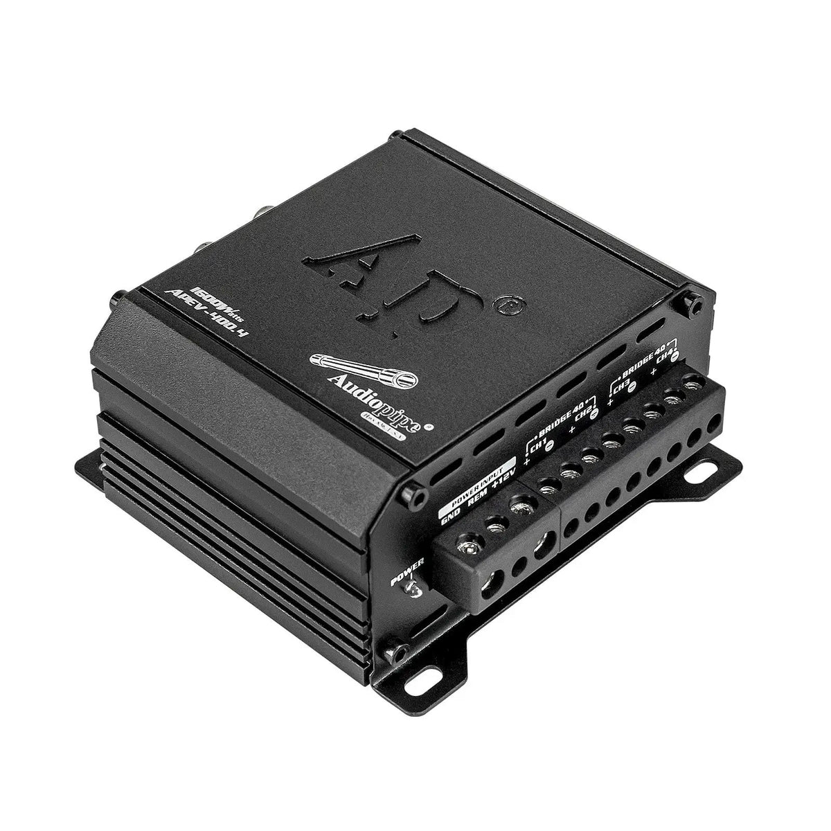 Audiopipe APEV-400.4 amplifier angle showing the labeled power and four-channel output terminals