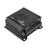 Audiopipe APEV-400.4 amplifier angle showing the labeled power and four-channel output terminals