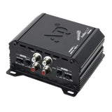 Angled view of Audiopipe amplifier highlighting its RCA inputs and crossover controls