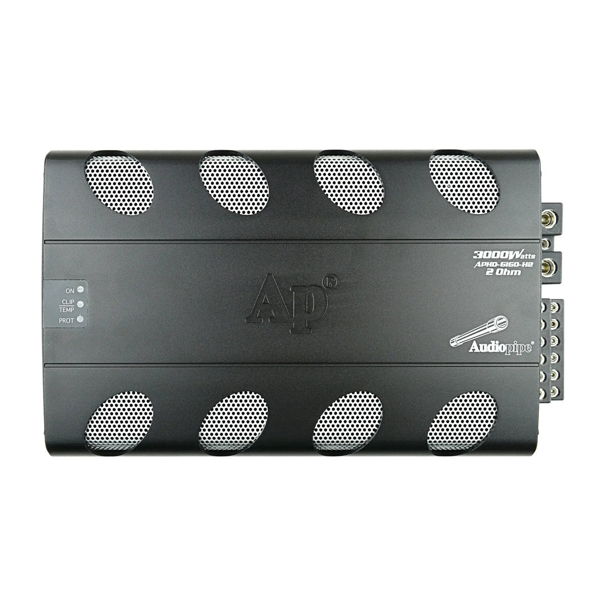 Top of an Audiopipe APHD-6160-H2 amplifier with a printed 2-ohm label and eight silver mesh vents