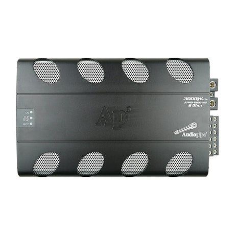 Top of an Audiopipe APHD-6160-H2 amplifier with a printed 2-ohm label and eight silver mesh vents