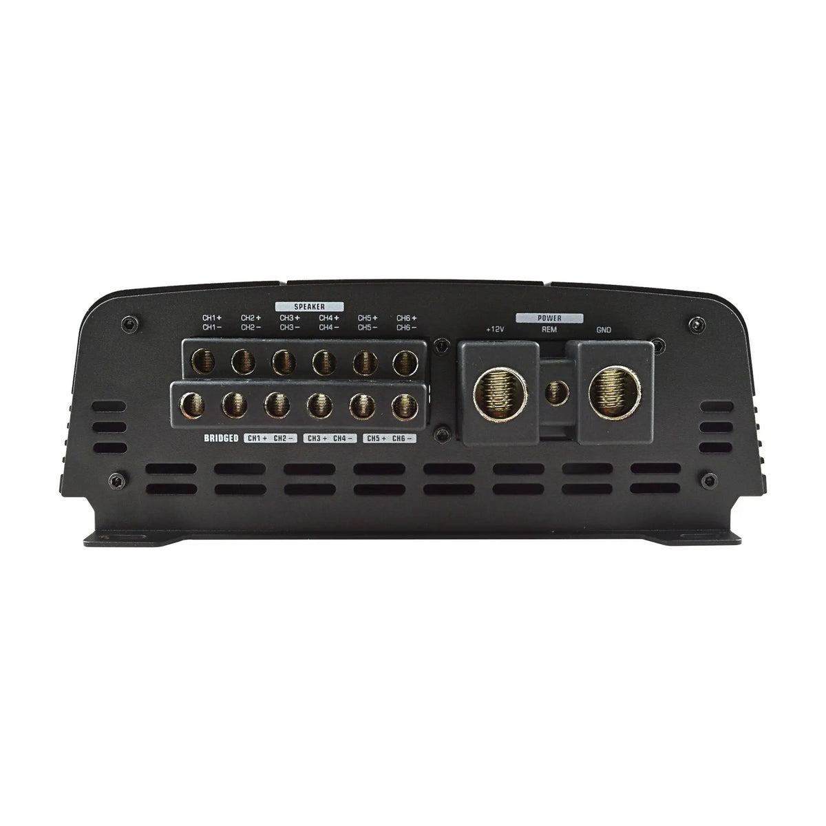 Amplifier end panel with six-channel speaker outputs and +12V, REM and GND power terminals