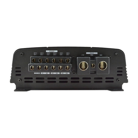 Amplifier end panel with six-channel speaker outputs and +12V, REM and GND power terminals