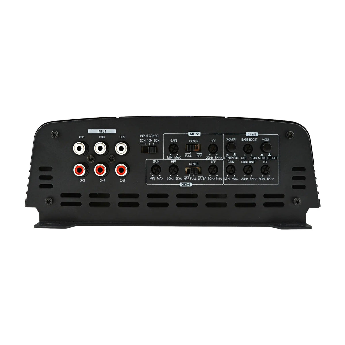 Audiopipe six-channel amplifier input panel with RCA sockets, adjustment controls and remote connection