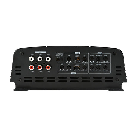 Audiopipe six-channel amplifier input panel with RCA sockets, adjustment controls and remote connection