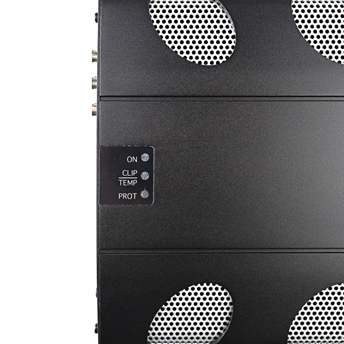 Close-up of an amplifier's silver mesh vents and ON, CLIP/TEMP and PROT indicator labels