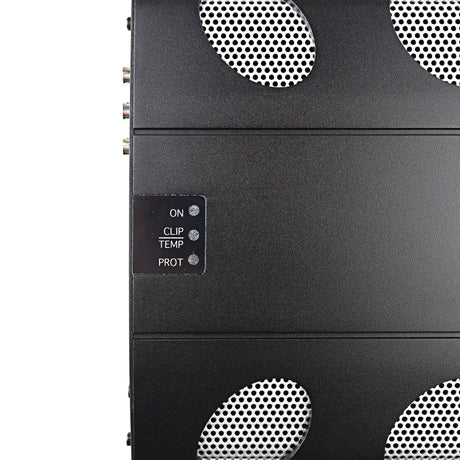 Close-up of an amplifier's silver mesh vents and ON, CLIP/TEMP and PROT indicator labels