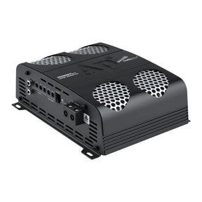 Angled front view of an Audiopipe amplifier with four silver mesh vent panels