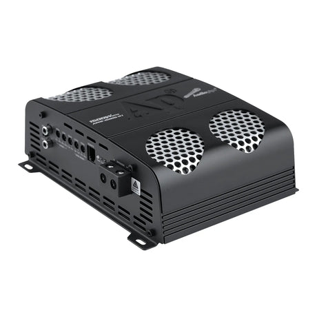 Angled front view of an Audiopipe amplifier with four silver mesh vent panels