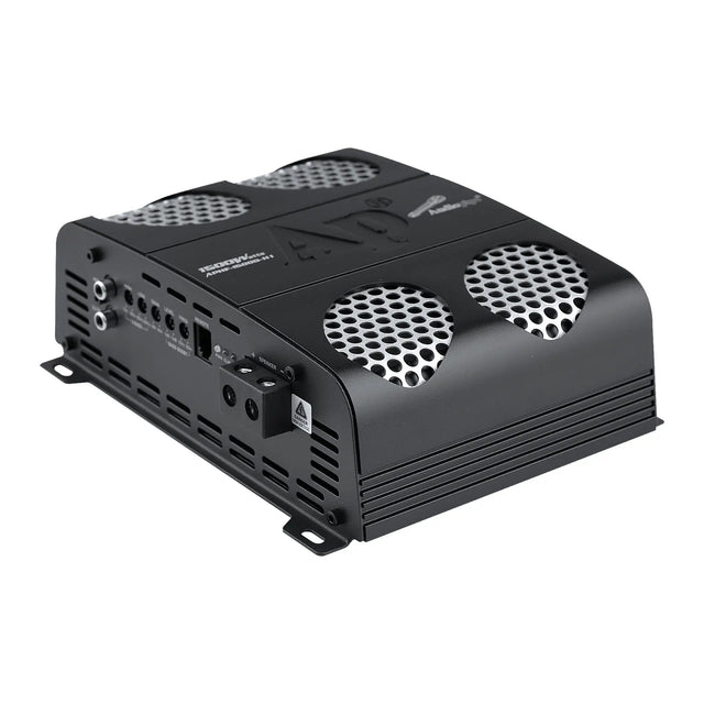Angled front view of an Audiopipe amplifier with four silver mesh vent panels